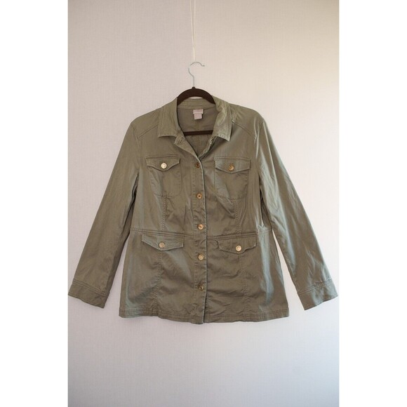 Chico's Elongated Sateen Utility Jacket womens olive green 1 8/10 - Picture 1 of 7